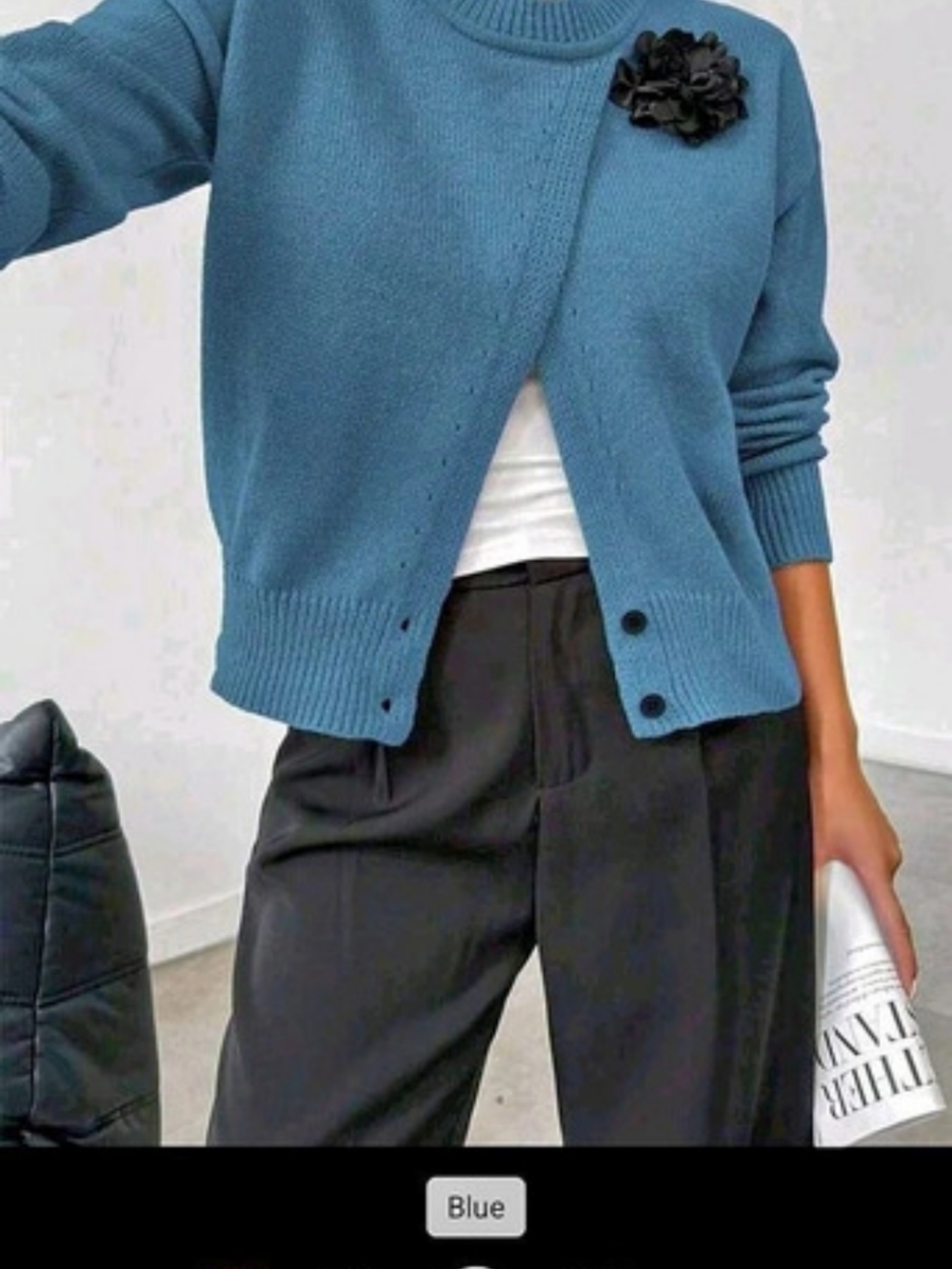 3D Black Flower Applique Crew Neck Irregular Asymmetrical Button Knit